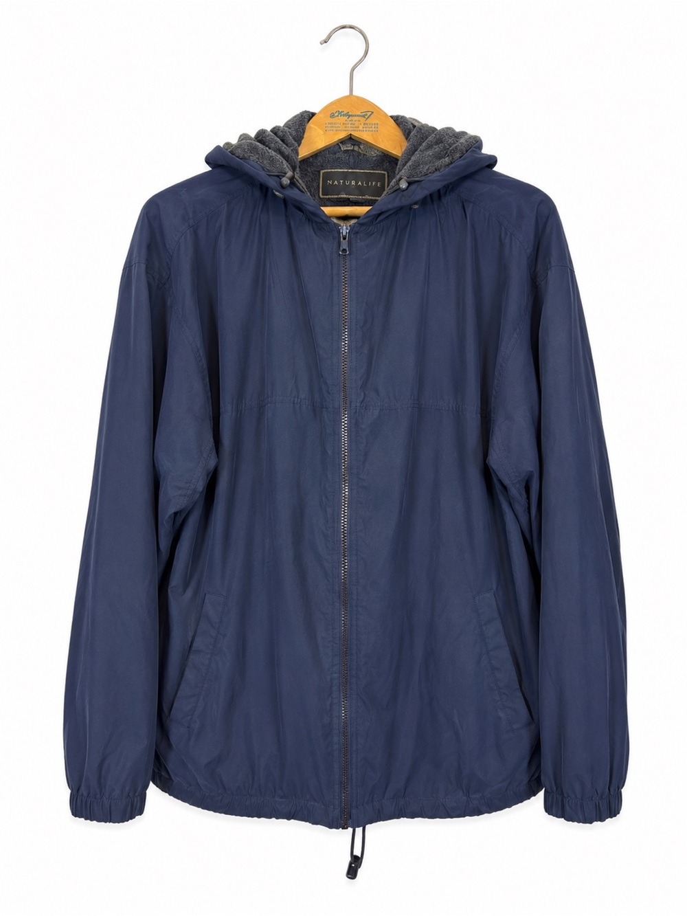 Naturalife Fleece-Lined Hooded Windbreaker Jacket Outdoor Navy Blue Men’s XL